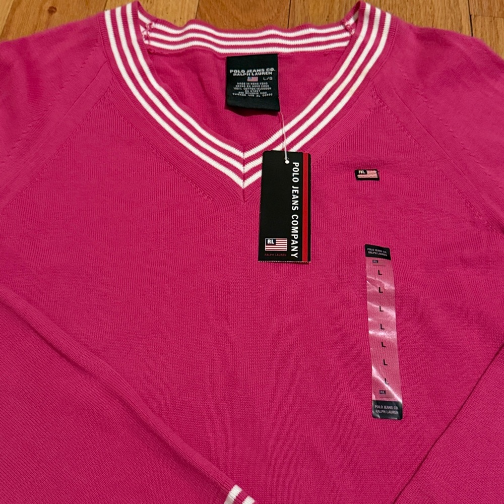 Polo by Ralph Lauren V-Neck Sweater Pink, White Stripes 100% Cotton Tenniscore - Picture 2 of 8